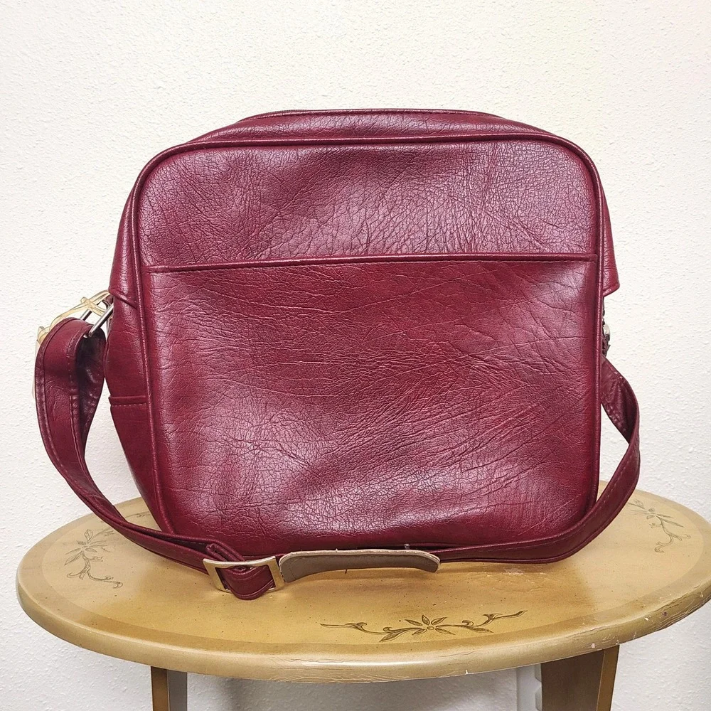 Samsonite Vintage Red Leather Travel Weekender Bag Retro Utility Preppy Carry On